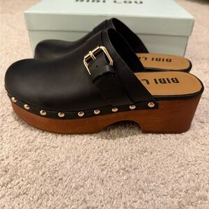Bibi Lou Black Leather Mules with Wooden Platform